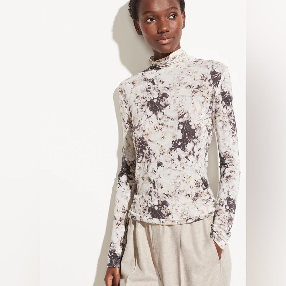 Vince Painted Crema Long SLeeve Turtleneck Black Cream Brown Floral Modal Sz XL